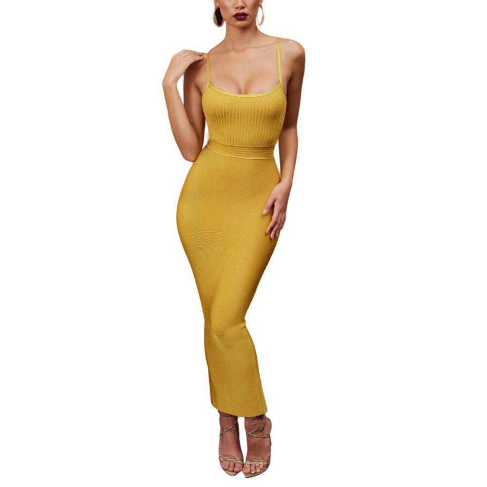 Golden Tone Maxi Bandage Dress – Ribbed Bodice  Spaghetti Straps  Sculpted Fit - Picture 3 of 9